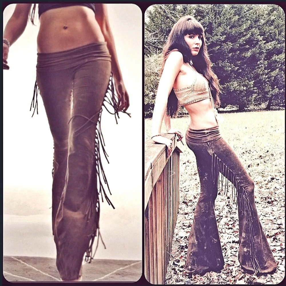 PETITE LENGTH Hiphugger Fringe Bell Bottoms in BROWN TIE DYE Rocker Festival - Picture 3 of 13